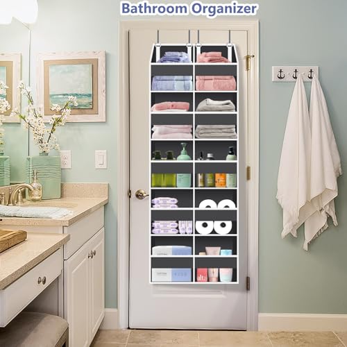 Heavy Duty Over The Door Organizer 5 Tiers, Extra Large Behind Door Storage of 10 Big Front & 10 Mesh Pockets, 80lb Weight Capacity, Hanging Doors Storage Organizer for Closet Bedroom Nursery, Grey