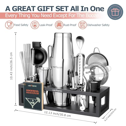 HMYBAR® Bartender Kit with Black Bamboo Stand, 31-Piece Cocktail Shaker Set, 20/28 oz Boston Shaker Set for Home Bar, Mixology Bar Tool Set with 39 Recipe Cards