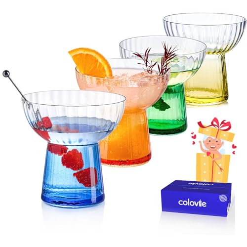 ColoVie Stemless Margarita Glasses Set of 4-13oz Ribbed Colored Glassware - Premium Hand-Blown Lead-Free Crystal - Aesthetic Rippled Cocktail Cups for Party, Cinco de Mayo, Home Bar - Gift Box