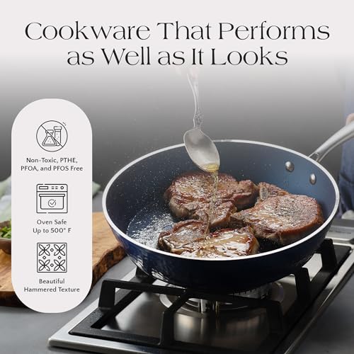 Orgreenic Sapphire Blue Hammered Nonstick Frying Pan, 12 Inch – Diamond Granite Ceramic Coating, PTFE PFOA PFOS Free, All Stovetops, Oven Safe 500°F, Metal Utensil Safe Skillet