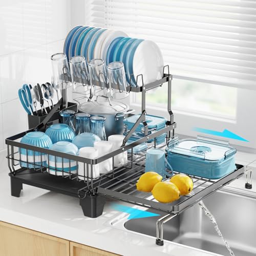 GSlife Large 2 Tier Dish Drying Rack - Expandable Over Sink & Counter Use