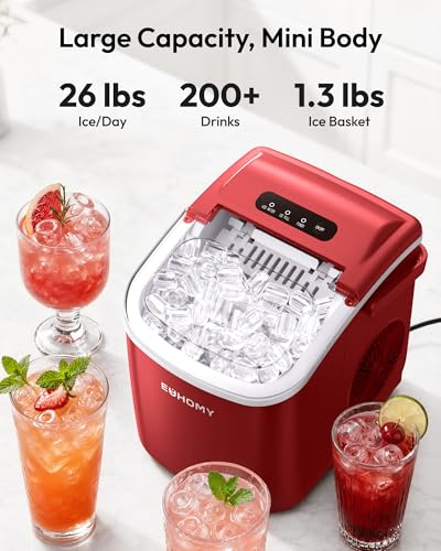 EUHOMY Countertop Ice Maker Machine with Handle, 26lbs Per Day, 9 Ice Cubes Ready in 6 Mins, Auto-Cleaning Portable Ice Maker with Basket and Scoop, for Home/Kitchen/Camping/RV (Red)