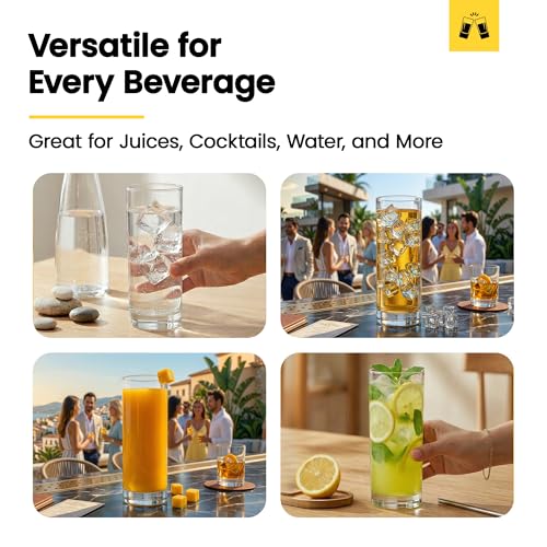 LEMONSODA Highball Glasses Set of 6 | 12oz Lead-Free Glass | Dishwasher Safe Sturdy Base | Clear Crystal Glass Tumblers for Mojito Whiskey Cocktail Bar Glassware Gift Box Included