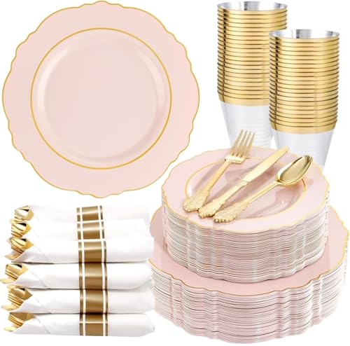 Liacere 350PCS Pink Plates Disposable-PinK Plates 50guest Baroque Plastic Dinnerware include 100Plates, 50Pack Pre Rolled Napkins with Silverware 50Cups Perfect for Wedding & Party & Baby shower