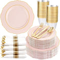 Liacere 350PCS Pink Plates Disposable-PinK Plates 50guest Baroque Plastic Dinnerware include 100Plates, 50Pack Pre Rolled Napkins with Silverware 50Cups Perfect for Wedding & Party & Baby shower