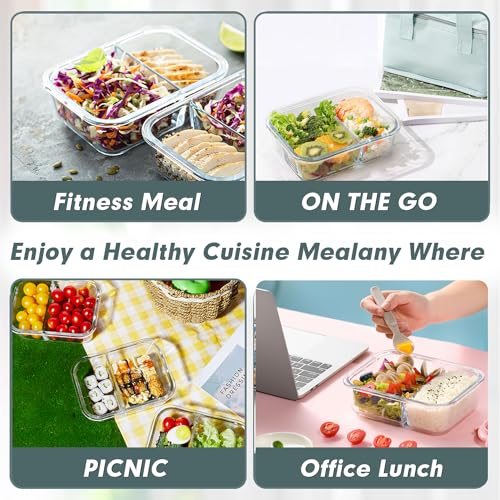 VERONES 10 Pack Glass Meal Prep Containers 2 Compartment Set, 30 OZ Airtight Glass Lunch Containers, Glass Food Storage Containers with Lids, for Microwave, Oven, Freezer & Dishwasher Friendly，Grey
