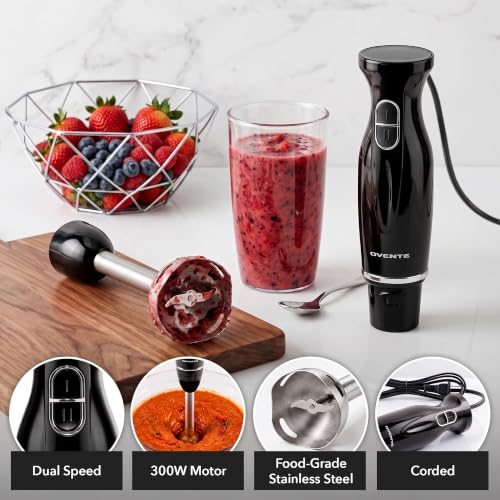 OVENTE Electric Corded Hand Blender, 300W with 2 Mixing Speeds Black HS560B