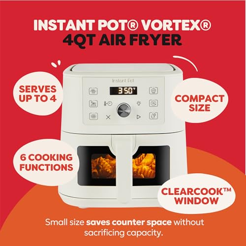 Instant Pot 4Qt VORTEX 6-in-1 Mini Air Fryer, Custom Program Options, Air Fry, Broil, Roast, Dehydrate, Bake, Reheat, Sea Salt, 4 Quarts