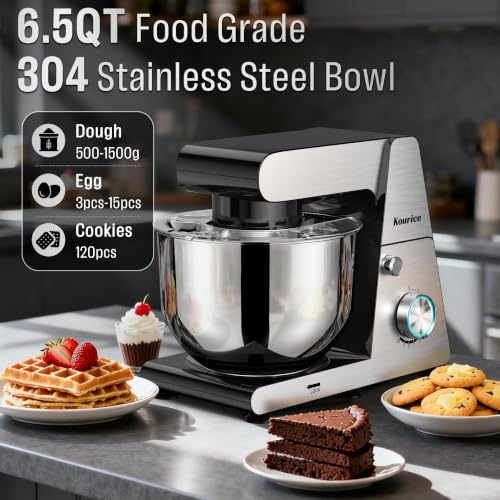 Kourice 6.5QT Tilt-Head Stand Mixer, Heavy Duty Pro 10-Speed Electric Mixer, Stainless Steel Cladding & Bowl with Dough Hook, Wire Whisk and Flat Beater for Home Baking, Bread, Cake, Pizza Dough