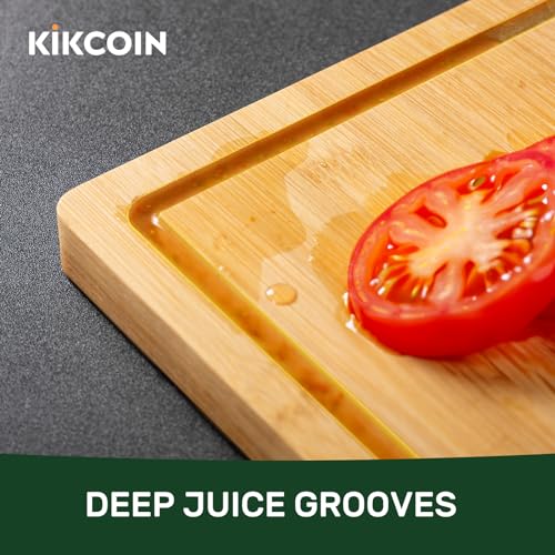 Kikcoin 24”×18” Bamboo Cutting Boards for Kitchen, Wooden Healthy Cutting Boards for Charcuterie, Vegetables, Cheese, Bread, Extra Large Chopping Boards with Deep Juice Groove and Handle, Natural