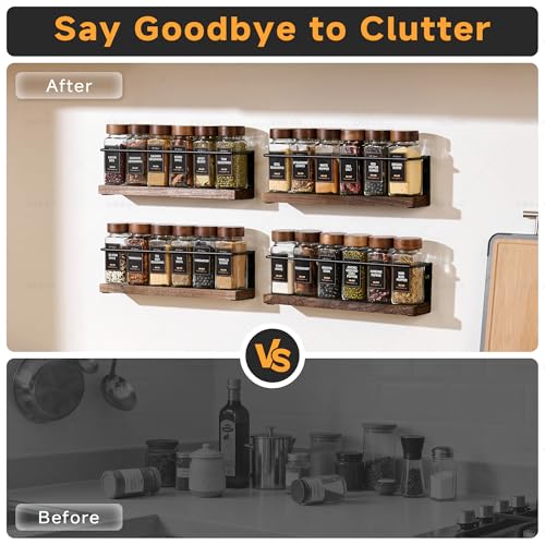 KitHero 4-Tier Wall Mount Spice Rack Organizer with 24 Glass Jars, 216 Labels & Funnel - Screw/Adhesive Mount, Black Metal & Wood Spice Storage for Kitchen Pantry Cabinet, 11.6”L x 2.4”W x 3.2”H