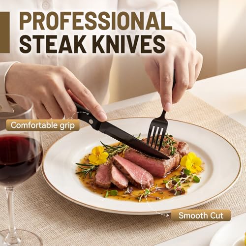 48 PCS NO-FADING Black Silverware Set with Steak Knives - KIKCOIN Food-Grade Stainless Steel Flatware Set for 8 - Mirror Polished Cutlery Set, Titanium Black Finish, Rust Resistant & Dishwasher Safe