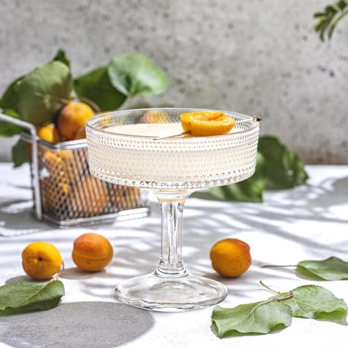 ZOOFOX Set of 6 Coupe Glasses, 7 oz Vintage Cocktail Coupe Glasses Set, Crystal Martini Glasses with Stem, Embossed Bar Drinking Glasses Set for Espresso Martini, Cosmopolitan, Manhattan, Gimlet