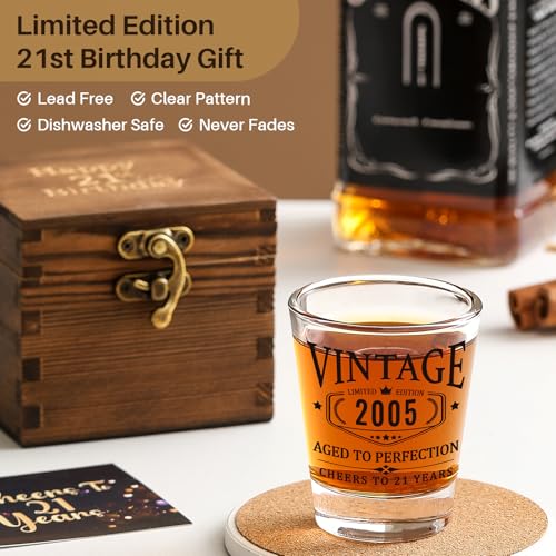 21st Birthday Gifts for Him Her - Limited Edition Shot Glass with Wooden Box - Vintage 2005 Cheers To 21 Years, Finally 21 Party Decorations Supplies - Turning 21 Bday Present for Men Brother Friends