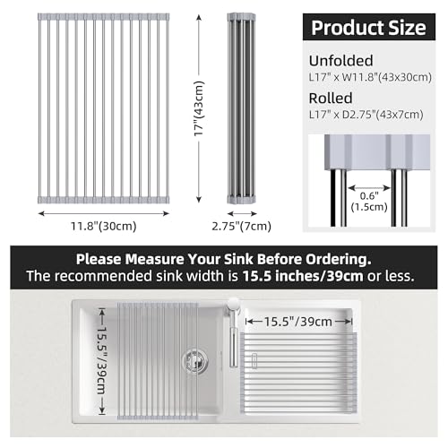 Sooseuo Over Sink Dish Drying Rack, 17" L x 11.8" W, Roll Up Dish Drying Rack for Kitchen, Gray