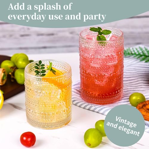 JPPSUJJ Vintage Hobnail Drinking Glasses Set of 8, 15 oz Highball Glasses & 12 oz Cocktail Glasses, Drinkware Kitchen Glasses for Cocktail, Iced Coffee, Beer, Ice Tea, Wine, Whiskey, Water