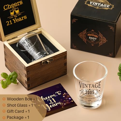 21st Birthday Gifts for Him Her - Limited Edition Shot Glass with Wooden Box - Vintage 2005 Cheers To 21 Years, Finally 21 Party Decorations Supplies - Turning 21 Bday Present for Men Brother Friends