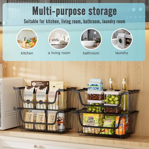 GAOKASE 4 Pcs Stackable Wire Baskets for Pantry Organizers and Storage,Vegetable Fruit Basket for Countertop,Kitchen Storage Metal Baskets,Produce Potato Onion Storage Bin-Black