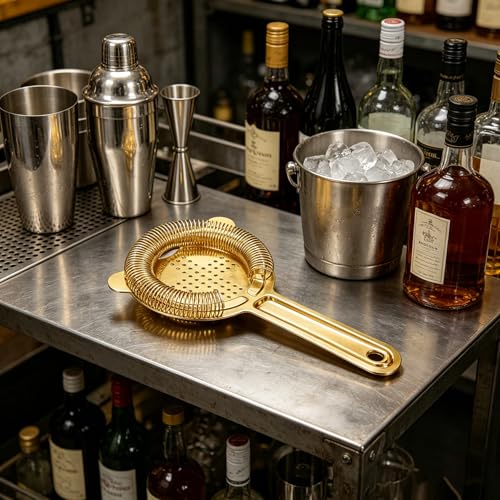 Homestia Gold Hawthorne Cocktail Strainer, Stainless Steel Bar Strainer with Heavy Duty Spring for Shakers & Mixing Glasses, Professional Drink Strainer for Bartenders