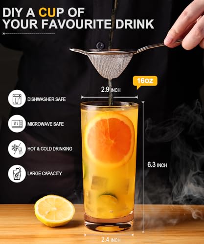 Potdoctor Drinking Glasses Set of 4, 16oz Wide Mouth Water Glass Cups, Lead-Free Crystal Glassware Set, Tall Cocktail Tumblers for Mojito, Tom Collins, Highball Glasses