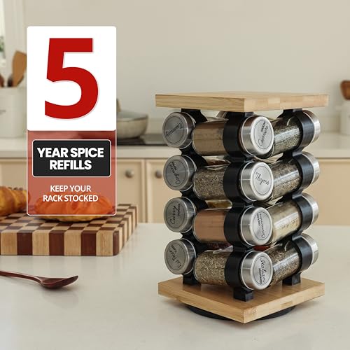 Orii 16 Jar Rotating Bamboo Spice Rack with Spices Included & 5-Year Spice Refill Program – Compact Countertop Spice Rack with Glass Jars