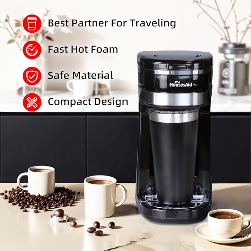 HousesAid Coffee Machine,Single Serve Coffee Maker,One Cup Coffee Maker with Reusable Filter&One-touch Control Button,Portable Brewer for Camping,Travel&Home,Easy To Clean& Store,15oz/450ml,Black