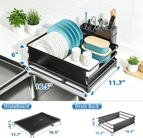 Simple Trending Dish Drying Rack, Space-Saving Large Dish Rack for Kitchen Counter, Anti-Rust Dish Drainer with Cutlery & Cup Holders, Black