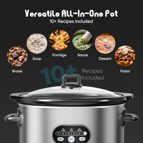 OLIXIS Slow Cooker 6 Quart, Ceramic Nonstick Coating, Programmable Slow Cooker with Dishwasher Stoneware Pot and Tempered Glass Lid, Multi Cookers with 3 Temperature, 35in Tangle Free Cord, Silver