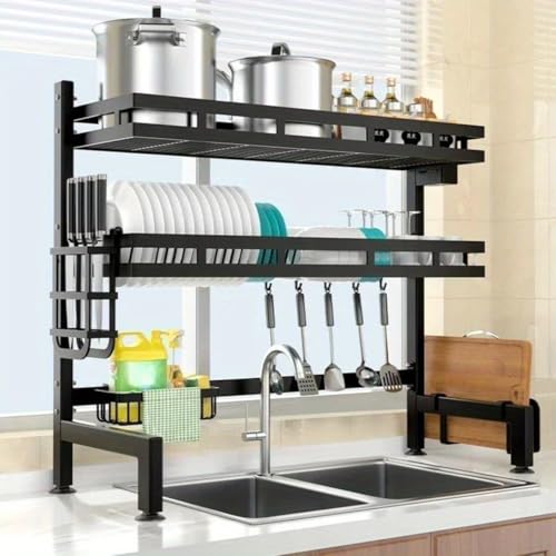 LeVcoecam 3-Tier Over Sink Dish Draining Rack Adjustable Width and Height with Phone Holder Cup Holder, Knife and Chopstick Holder, Cutting Board Rack, Space-Saving Rack