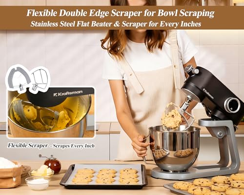 Kraftsman All Metal Stand Mixer DC Motor - Heavy Duty Dough Mixer 5.3 Quart with 4 Stainless Steel Attachments, Quiet Operation with Timer, Verstile Standing Mixer with Power Hub, 8-Speed (Black)