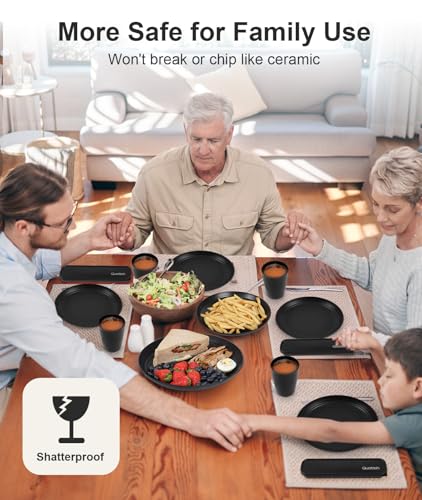 Quatish 24 Piece Plates and Bowls Sets for 6, Unbreakable Dinnerware Sets, Dish Set for Camping, Dishwasher Microwave Safe, Outdoor Kitchen and Apartment Dorm Dinning RV Essentials, Black