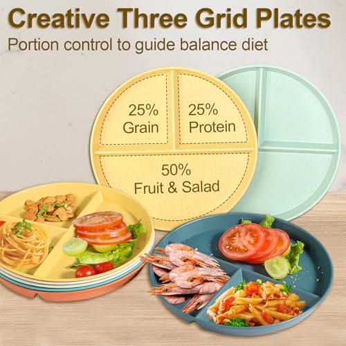 Divided Plates for Adults (8 Packs), Unbreakable Portion Control Plate Sectioned with Dividers, 9 Inch Plastic Food Separator Dinner Plates Lightweight Compartment BPA Free Reusable Microwave Safe