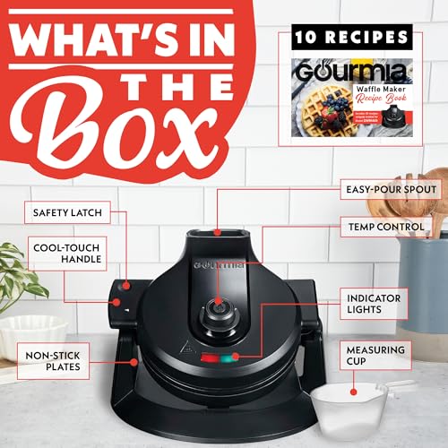 Gourmia Dual Pour Waffle Maker - Belgian Waffle Maker with Mess Free Spout, NonStick Plates, Cool Touch Handle, Compact Upright Storage, Safety Latch, Black