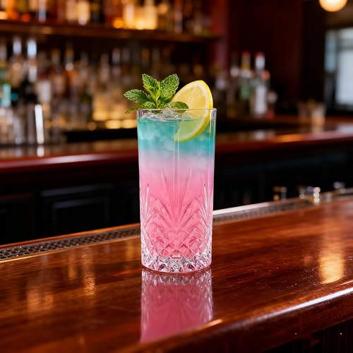 Vitrignis Tall Highball Glasses Set Of 6-14 Ounce Elegant Tom Collins Glasses - Textured Designer Glassware Set For Whiskey,Drinks, Water, Beer, Soda
