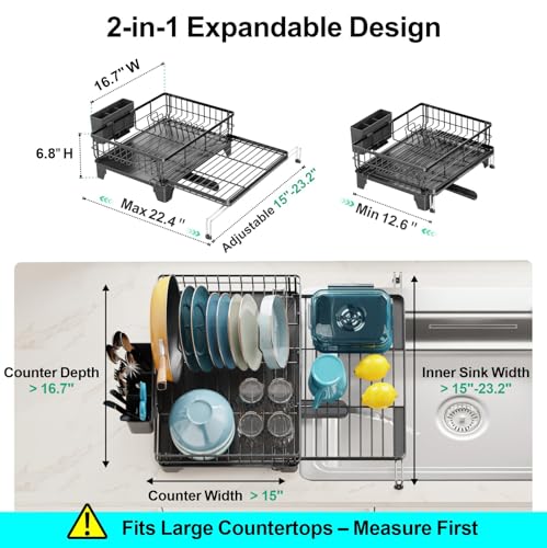 GSlife Expandable Dish Drying Rack for Kitchen Counter, Large Capacity 2-in-1 Rust Resistant Dish Drainer with Swivel Spout and Pull Out Over Sink Extension, 16.7" W x 12.6"-22.4" L, Black