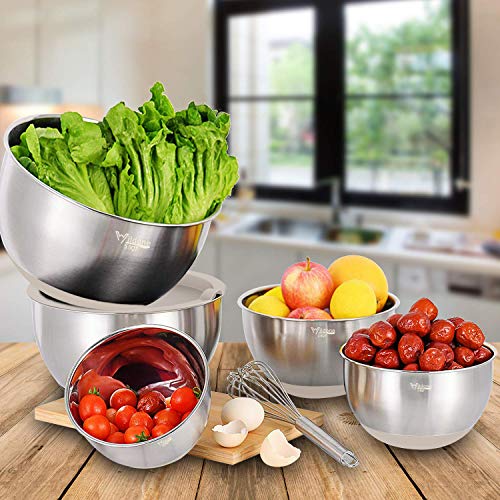 Wildone Mixing Bowls with Airtight Lids Set, 5PCS Stainless Steel Khaki Nesting Bowls for Kitchen, with Grater Attachments & Non-Slip Bottoms, Size 5, 3, 2, 1.5, 0.63 QT, Great for Mixing & Serving