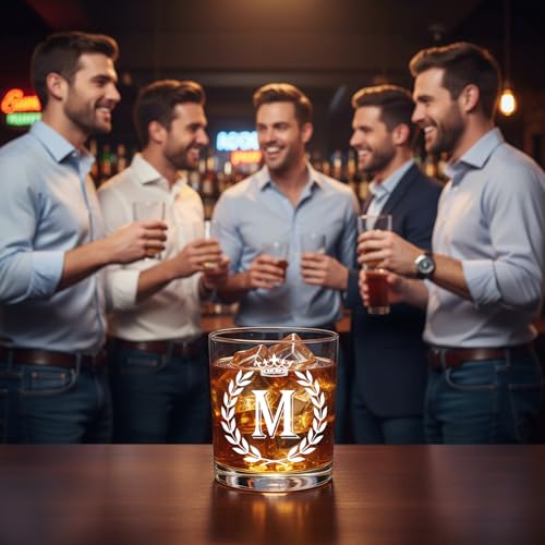 Jmugmt Personalized Whiskey Glasses Gifts for Men, Letter M Initial Whiskey Glass, Christmas Birthday Gifts for Men Husband Brother Dad, 10 OZ Old Fashioned Glass with Gift Box(Letter M)