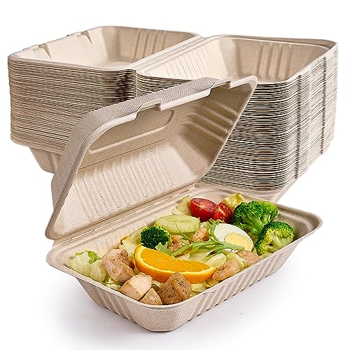 ECOLipak 75 Pack Clamshell Take Out Food Containers, 100% Compostable To Go Containers Disposable, 9X6 inch Heavy-Duty To Go Boxes, Eco-Friendly Biodegradable To Go Containers For Food