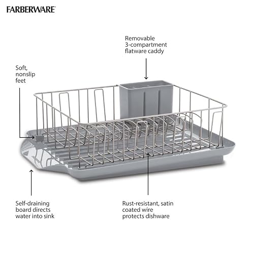 Farberware Classic 3-Piece Dish Drying Rack Set, Gray - Rust-Resistant Dish Rack for Kitchen Counter with Self-Draining Board and Flatware Caddy