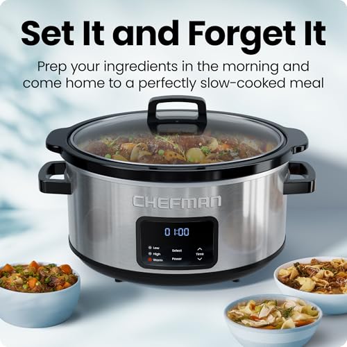 Chefman Slow Cooker 7 Quart, Large Family Size Programmable Digital Slow Cooker with 24-Hour Timer, Low, High & Warm Settings, Ceramic Crock, Tempered Glass Lid, Dishwasher-Safe, Stainless Steel