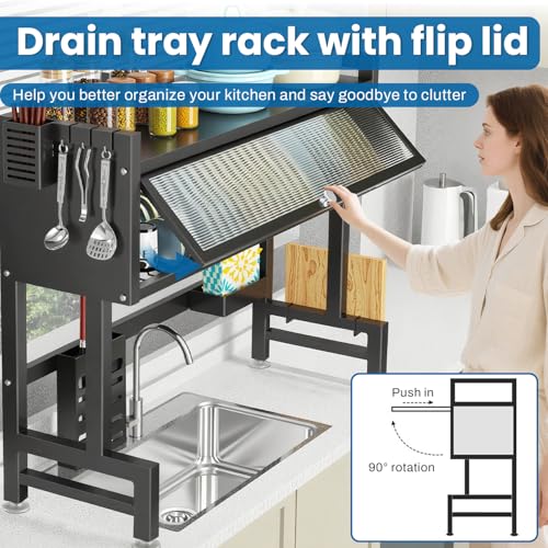 XDTIME Over the Sink Dish Drying Rack – 3 Tier with Cover, Space-Saving Dish Drainer Organizer for Dishes, Glasses, Bowls & Cutlery, Tidy Kitchen Counter Storage Solution
