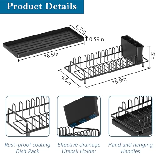 XYZLVSI Compact Small Dish Rack Sink Drying Rack with Silicone Mat, Stainless Steel Dish Drainer for Kitchen Cabinet, Kitchen Sink Rack,Dish Holder, Black