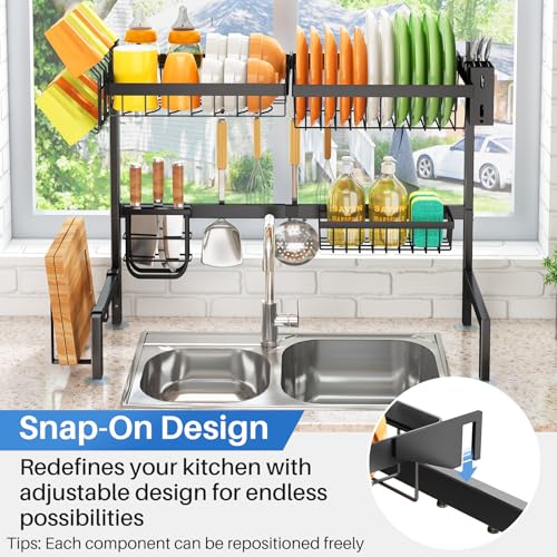 SNTD Over The Sink Large Dish Drying Rack, Metal, 26.8"-34.6", Black