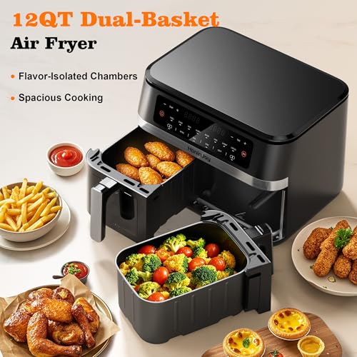 HoninJoy 12QT Large Dual Basket Air Fryer with Viewing Window and 50pcs Paper Liners, 10-in-1 Digital Touchscreen Double Zone Air Fryers, SyncCook to Bake,Roast,Reheat,Broil, Nonstick Dishwasher Safe