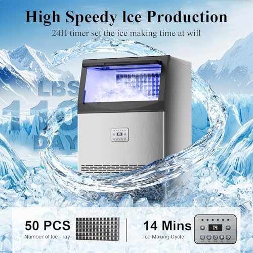 Commercial Ice Maker,110 lbs/24H,50 Cubes in 14 Mins,Stainless Steel Ice Machine with 33 Lbs Storage Capacity,Water Filter,Self-Cleaning,Under Counter/Freestanding Ice Maker for Restaurant,Cafe,Home