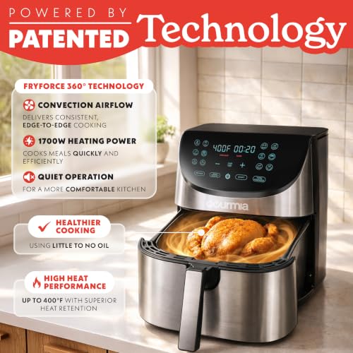 Gourmia Air Fryer - 8 Qt Extra Large Capacity, FryForce360º, Digital Display with 12 Presets, Roast, Bake, Broil, Dehydrate, Dishwasher Safe Accessories, Stainless Steel