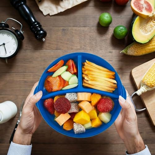 Hushee 4 Pcs Microwave Food Storage Tray Containers with Ventilation Lids 3 Compartment Divided Plates Portion Plate Fits Microwave Fridge (Round,Mixed Colors,10 x 9.2 x 1.85 Inch)