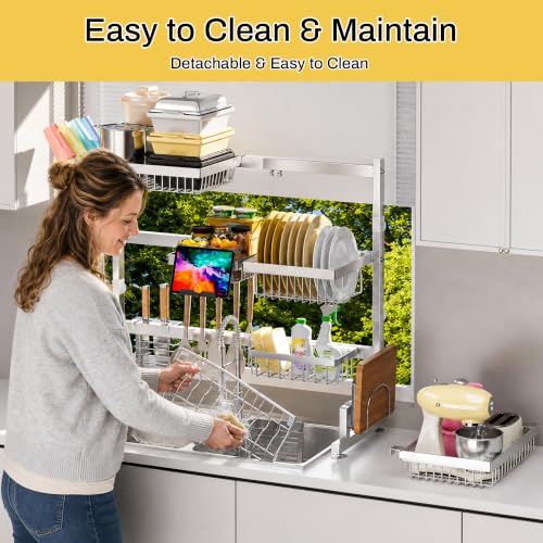 ADBIU Luxurious 304 Stainless Steel Over Sink Dish Drying Rack (Suitable for Sink Length 26.3"- 37.4") Snap-On Design 2 Tier Large Kitchen Dish Rack Stainless Steel Counter Organization and Storage