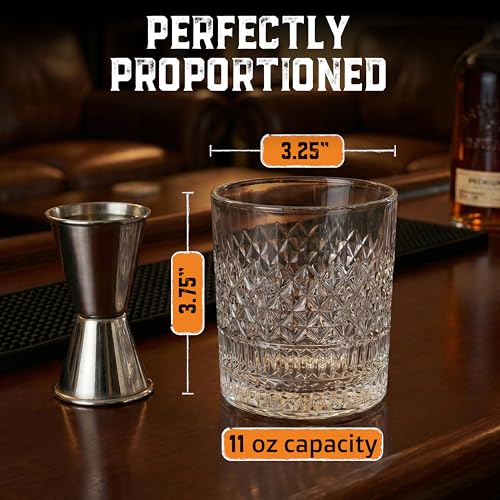 Aged & Charred Lead-Free Crystal Whiskey Glasses With Heavy Base (Set of 4) - 11 Oz Rocks Barware for Old Fashioned, Bourbon, and Cocktail Drinks - Premium Whiskey Bourbon Gift for Men