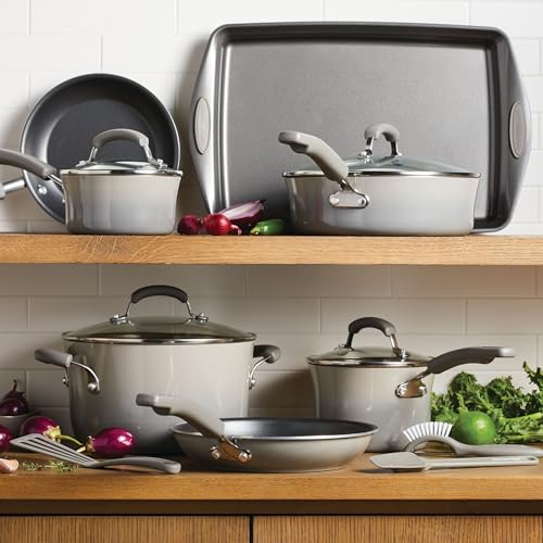 Rachael Ray Cookware Classic Brights Hard Enamel Aluminum Nonstick Cookware Set, 14-Piece, Sea Salt Gray